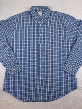 BrooksBros Men's Button-Down Dress shirt Blue/White Square Pattern Size L